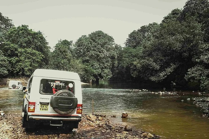 Jeep cruzando un río durante el safari en jeep de las Cascadas de Dudhsagar