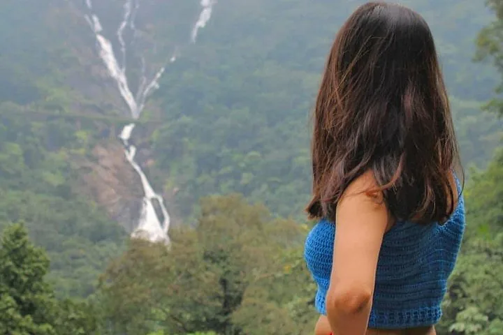 Woman admiring the distant view of Dudhsagar Falls