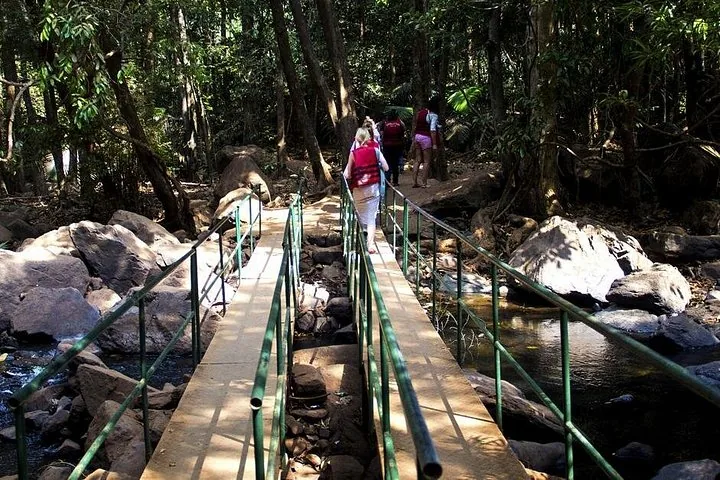Group of tourists crossing a footbridge over a rocky stream